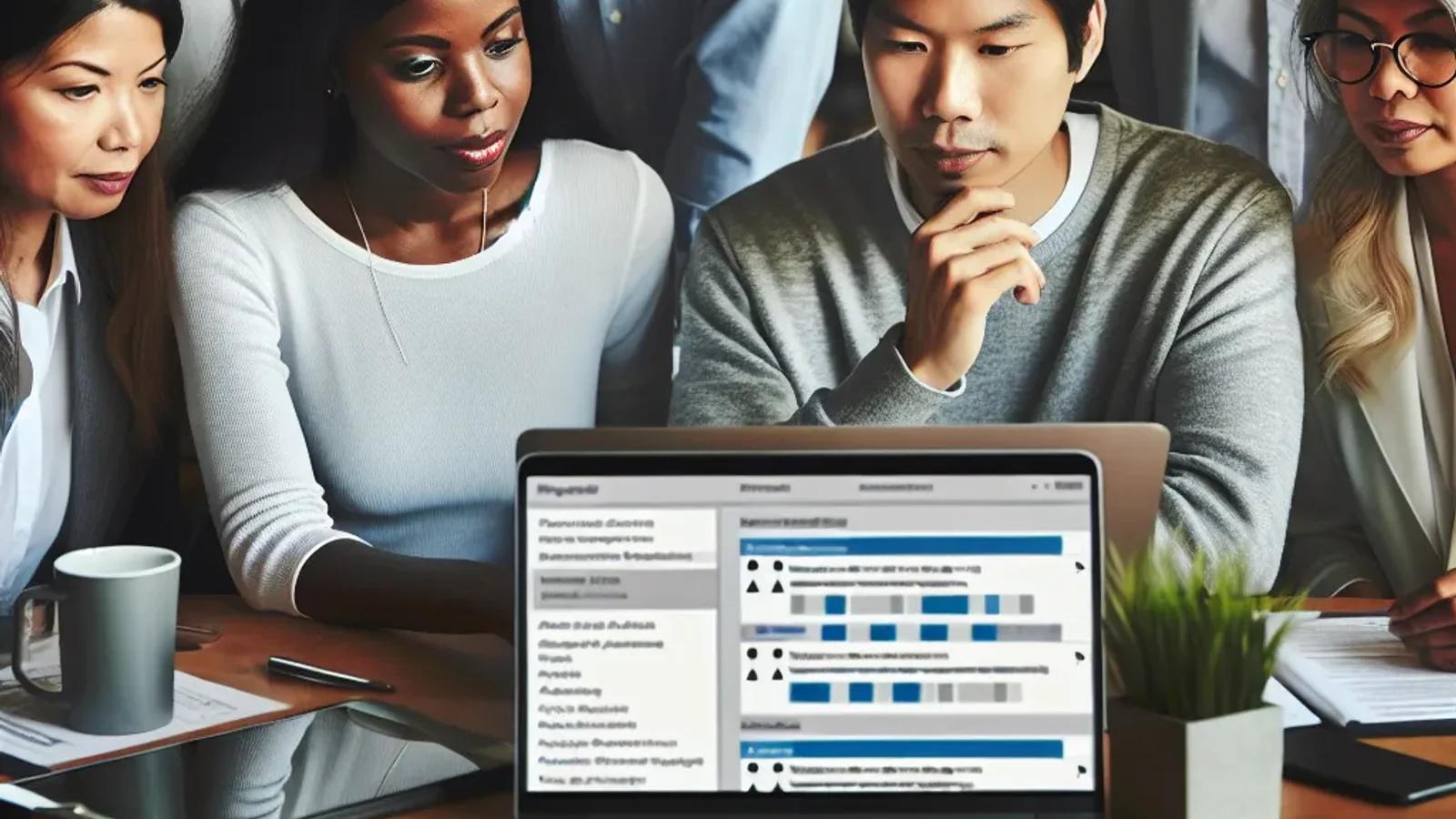 Team collaborating on website accessibility audit with laptops and checklists