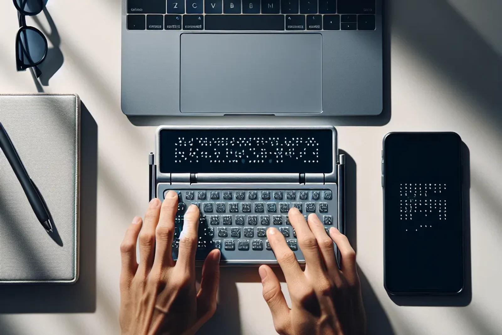 Hands reading refreshable braille display connected to modern workstation